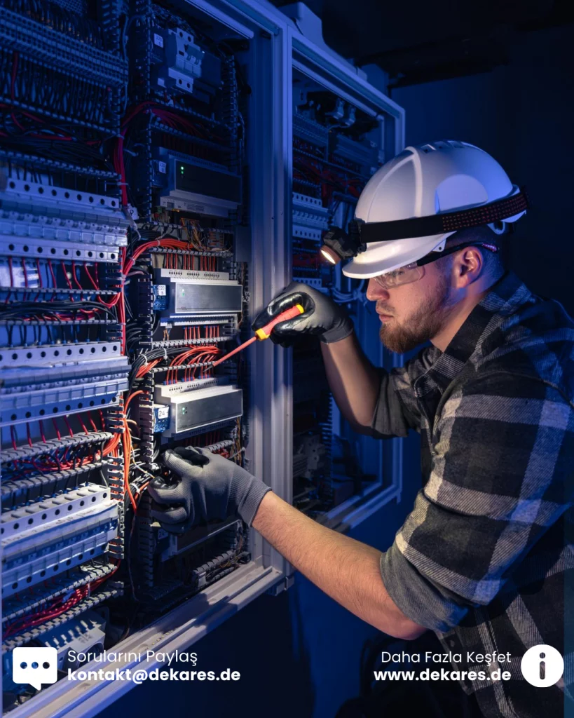 Almanya'da elektrik panosu üzerinde gece çalışan korumalı iş elbiseli bir elektrikçi