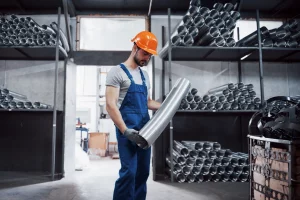 Almanya’da dış mekanda galvaniz boru kontrol eden işçi, beyaz baretli